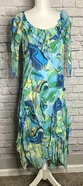 Women’s Size 18 Blue Green Abstract Ruffle Midi Dress 3/4 Sleeve Boho Flowy